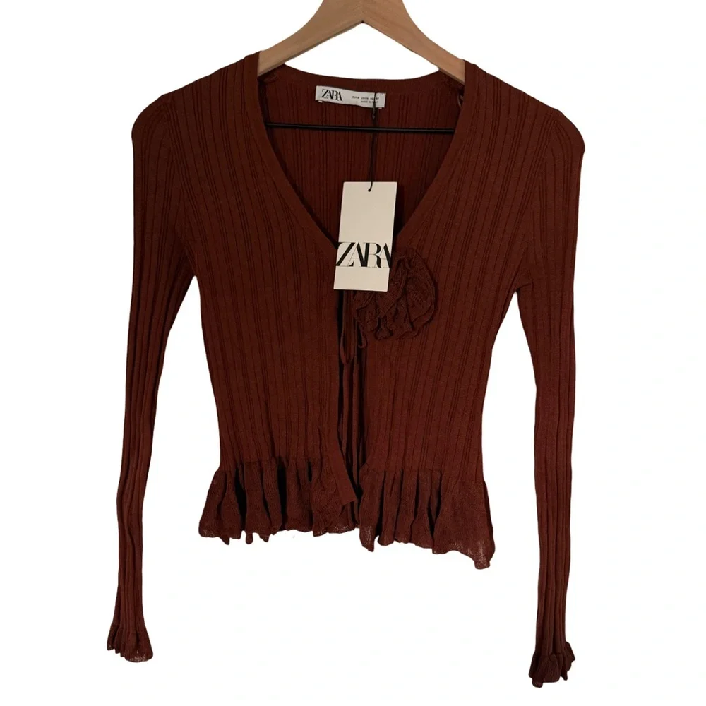 ZARA Ribbed Tie-Front Cardigan Top‎ with Rosette Detail – Brown